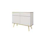 Light cream sideboard with wave paneling, 2 doors and 2 drawers, tapered gold legs