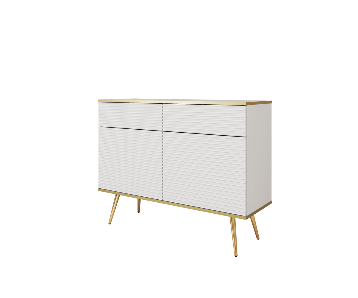 Light cream sideboard with wave paneling, 2 doors and 2 drawers, tapered gold legs