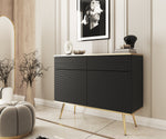 Black sideboard with wave slats on doors and drawers, tapered gold legs