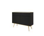 Black sideboard with wave slatted panels, 2 doors and 2 drawers, tapered gold legs