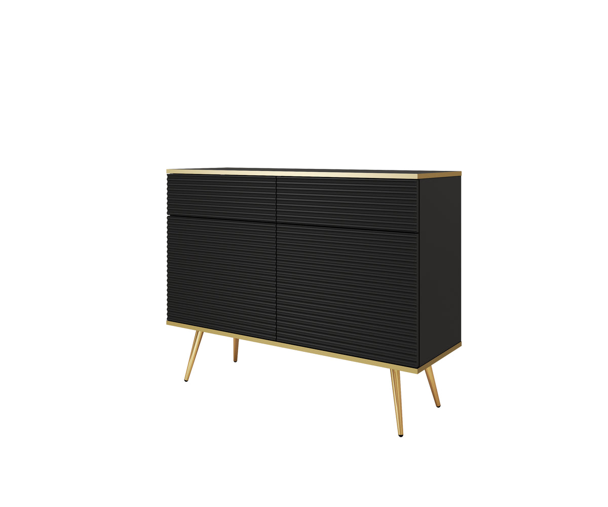 Black sideboard with wave slatted panels, 2 doors and 2 drawers, tapered gold legs