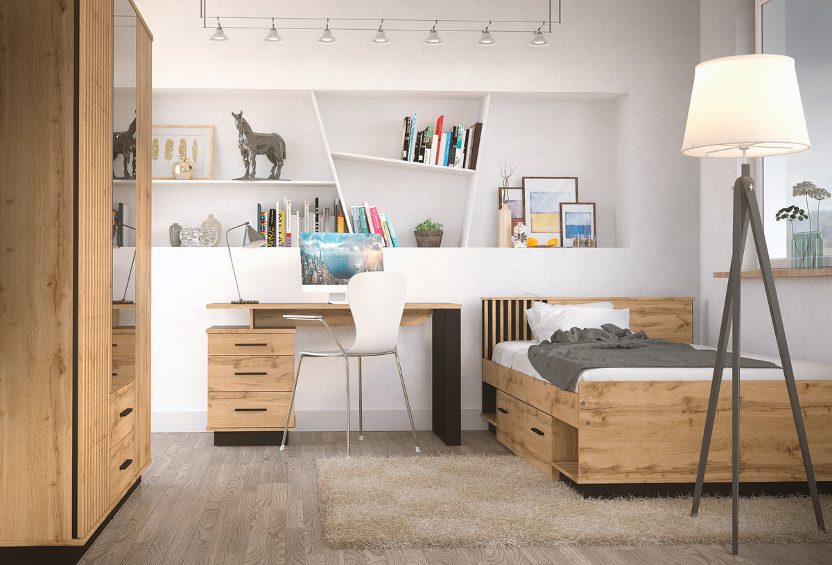 Wood-look storage bed with drawers and slatted headboard, white mattress visible
