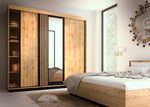 Sliding wardrobe with left open shelves and mirrored doors with black stripe trim