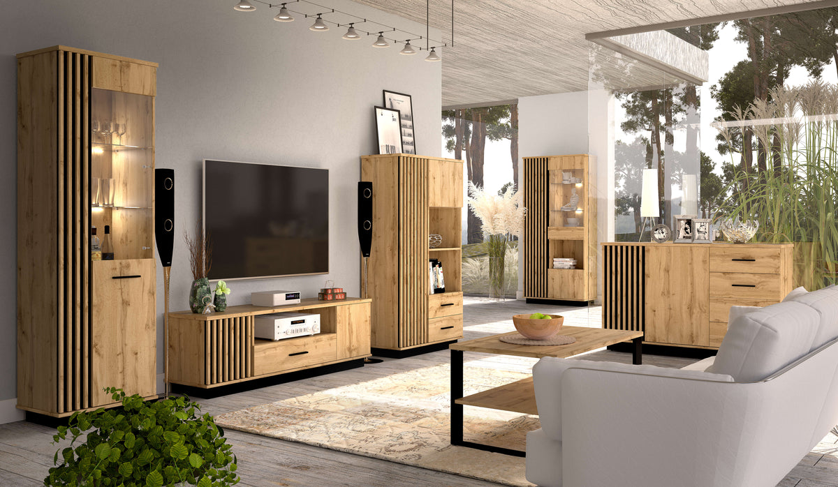 Wood TV cabinet with striped side panels, open shelves, and drawers for media storage