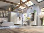 Wood and white dressing table in a room setting with drawers and open shelf