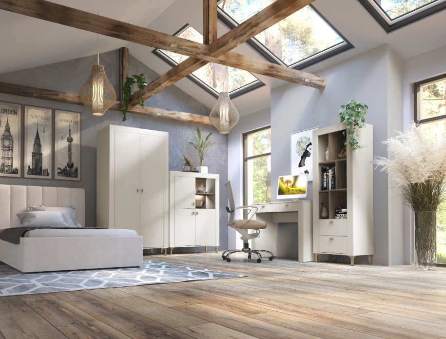 Wood and white dressing table in a room setting with drawers and open shelf