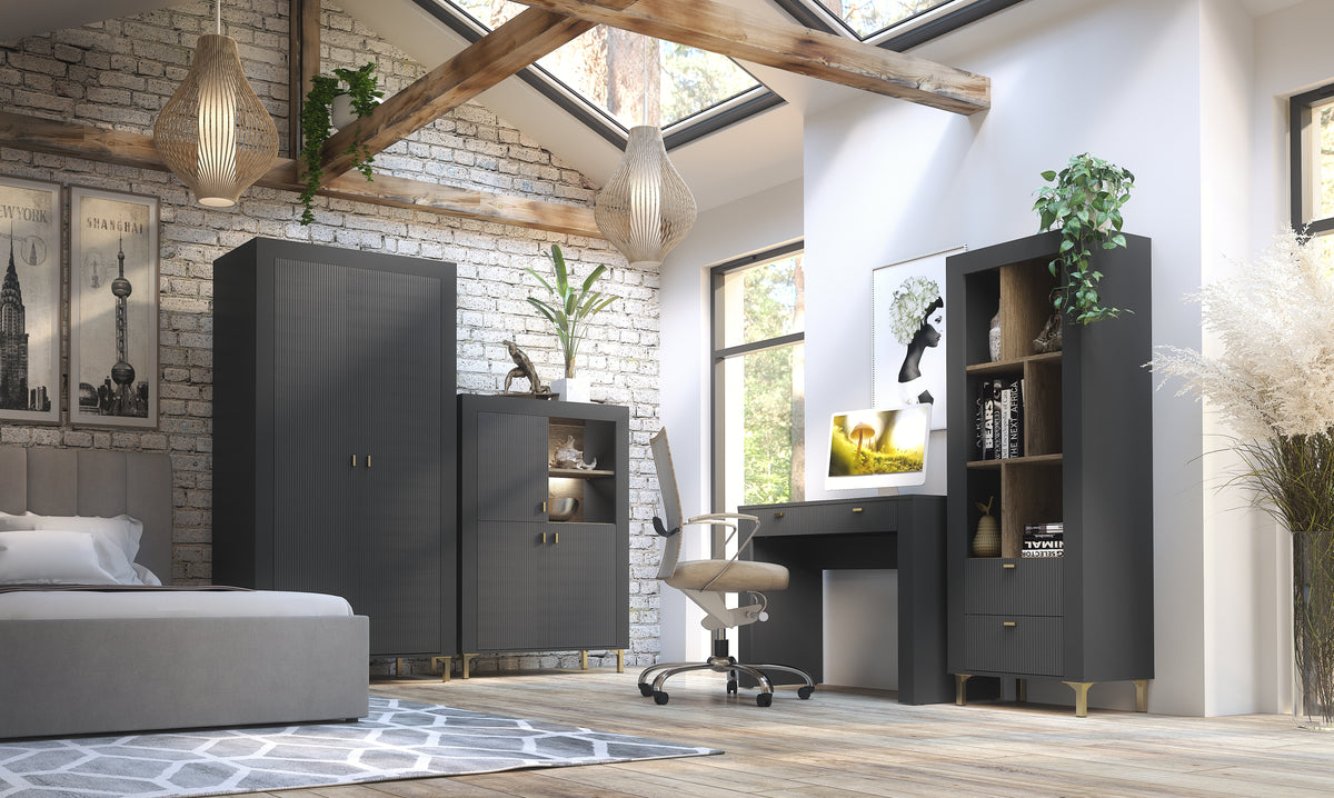 Black dressing table in a styled room with woodgrain top, drawer, and open shelf