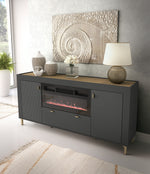 Black sideboard with electric fireplace insert and two cabinet doors; front drawer.