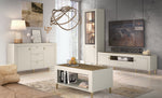 White coffee table with wood-look top and open shelf in a living room setting
