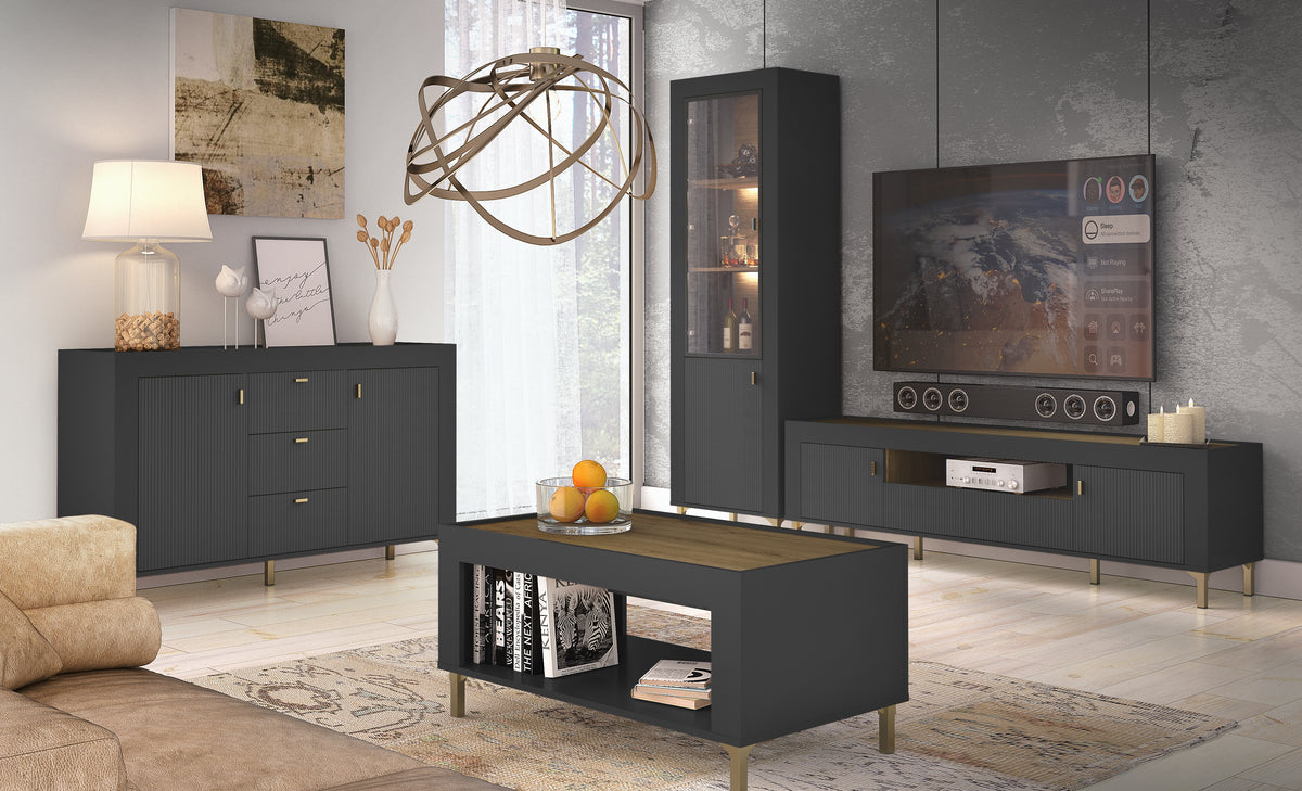 Black coffee table with wood-look top and open shelf in a living room setting