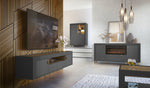 Dark gray TV cabinet with wood top and ribbed drawer fronts in living room