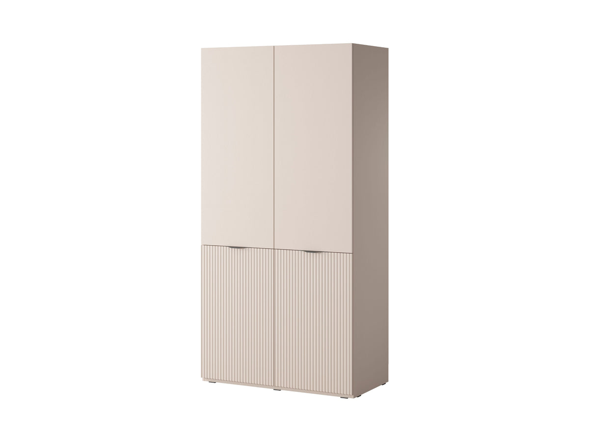 Two-door wardrobe cabinet with light cream top and vertical striped lower doors