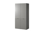 Two-door wardrobe cabinet with white top and grey vertical striped lower doors