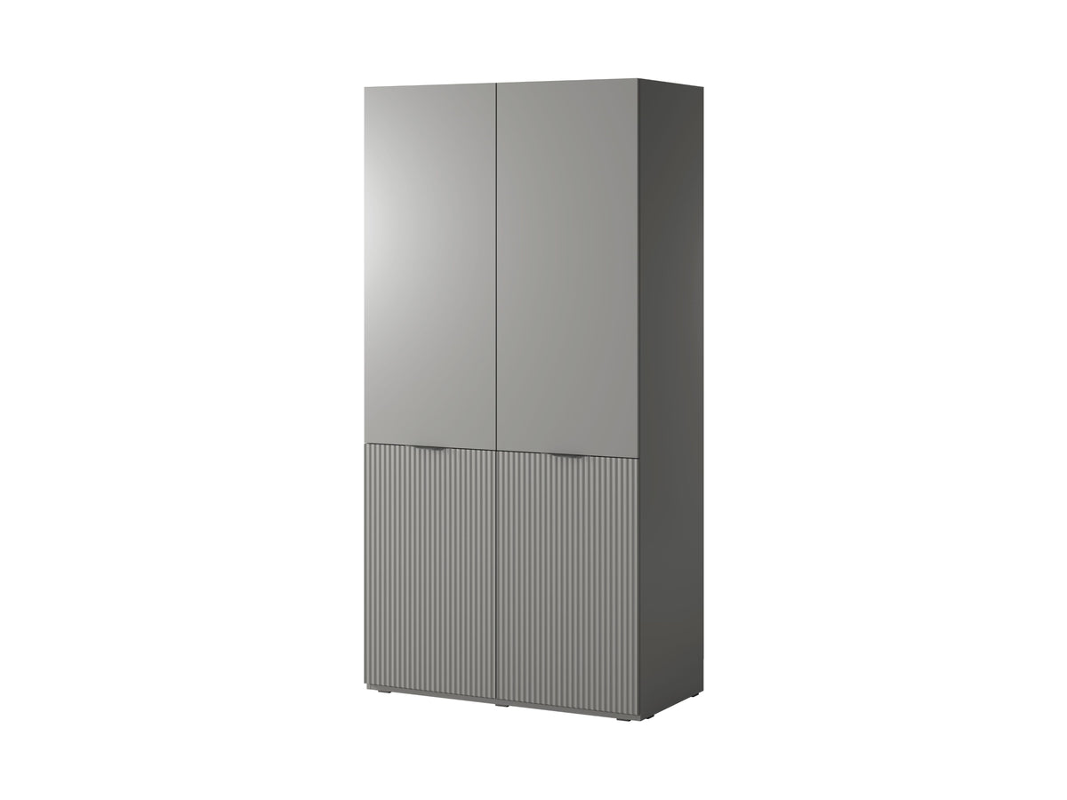 Two-door wardrobe cabinet with white top and grey vertical striped lower doors
