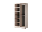 Light beige shelf unit with open cubbies and two dark gray back panels