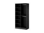 Wardrobe cabinet with open shelving compartments and two dark hinged doors