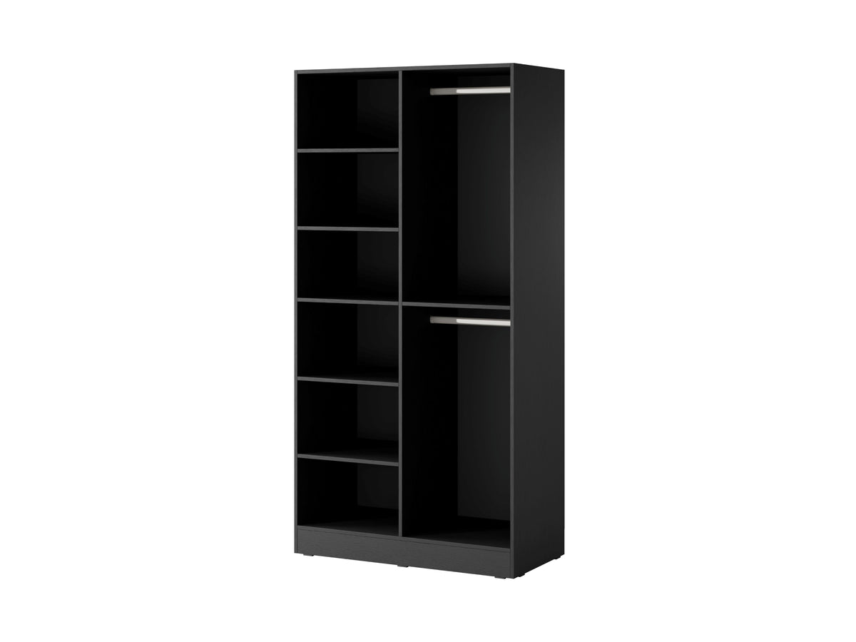 Wardrobe cabinet with open shelving compartments and two dark hinged doors