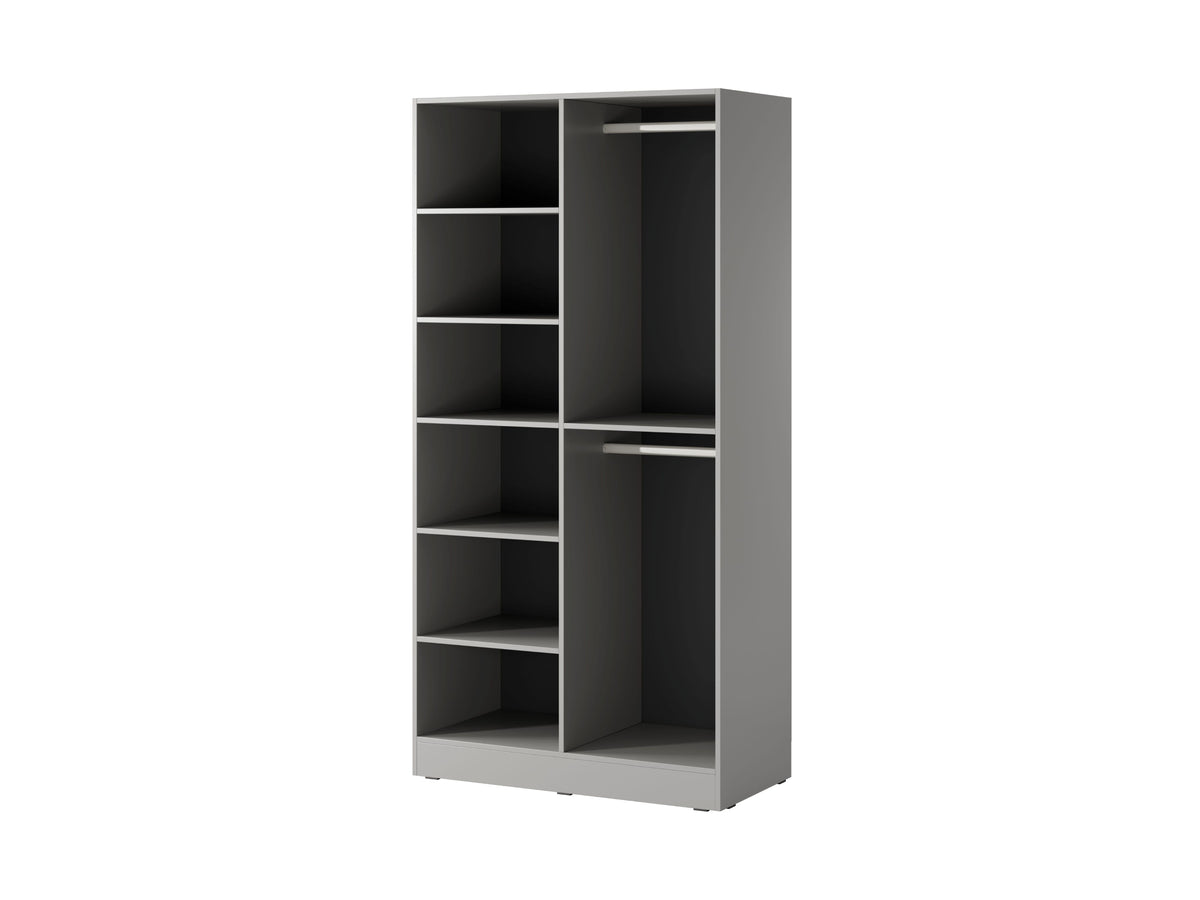 Wardrobe cabinet with open shelving compartments and two light hinged doors