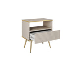 Small bedside cabinet with open shelf and ribbed drawer, cashmere finish, tapered legs
