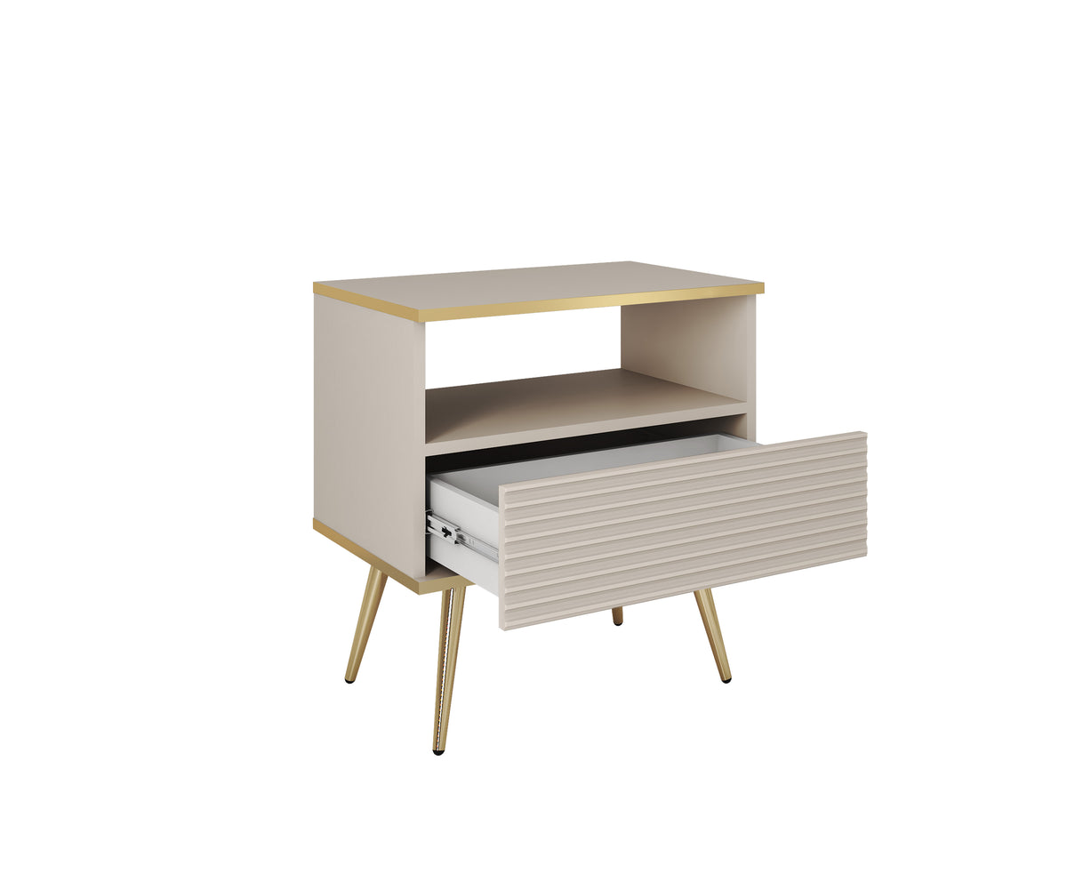 Small bedside cabinet with open shelf and ribbed drawer, cashmere finish, tapered legs