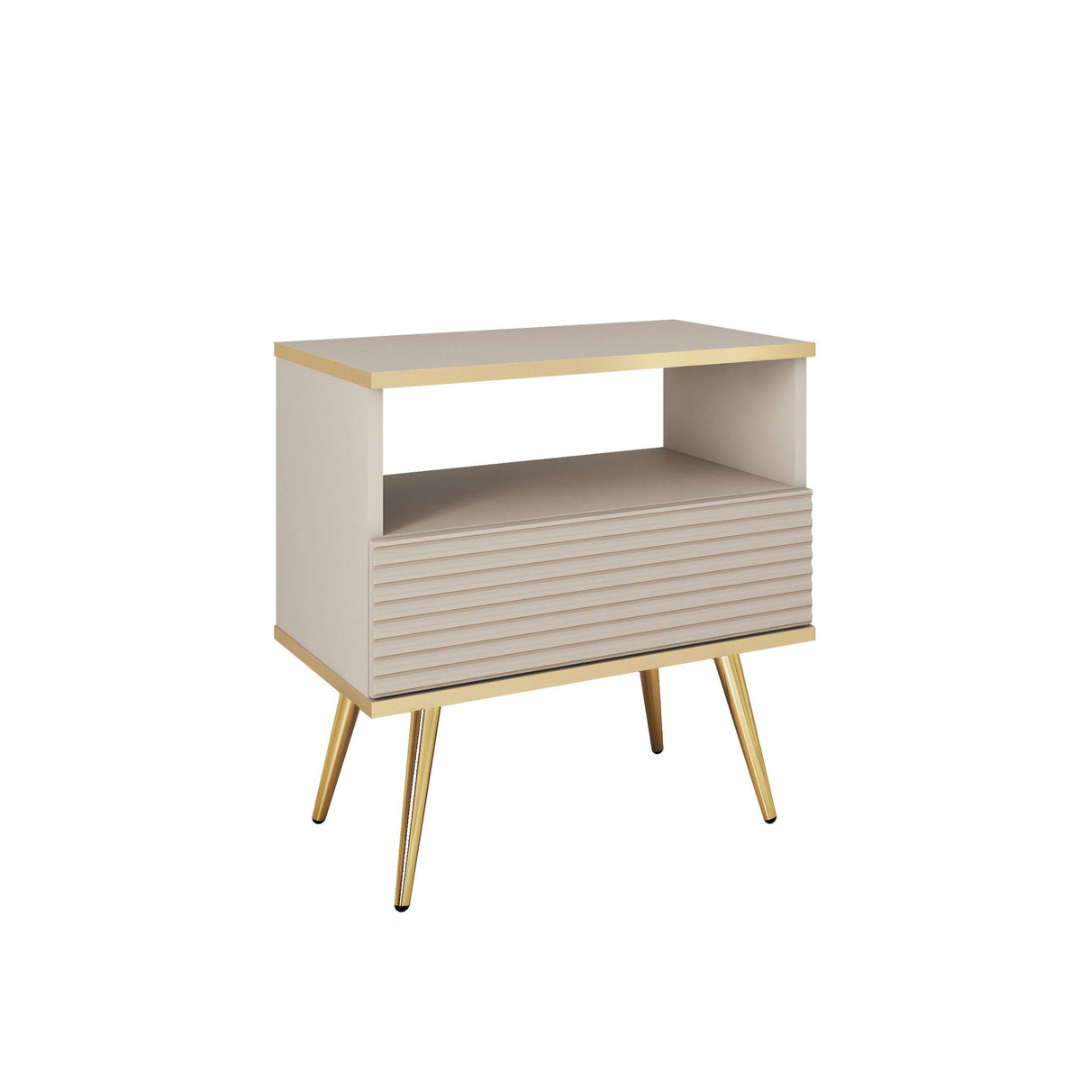Small bedside cabinet with ribbed drawer and open top shelf, cashmere finish