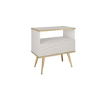 Small bedside cabinet with ribbed drawer front and open shelf interior, cashmere finish