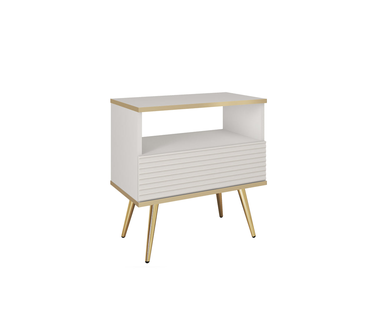 Small bedside cabinet with ribbed drawer front and open shelf interior, cashmere finish