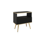 Small bedside cabinet with ribbed drawer front, open shelf top, black finish, tapered legs