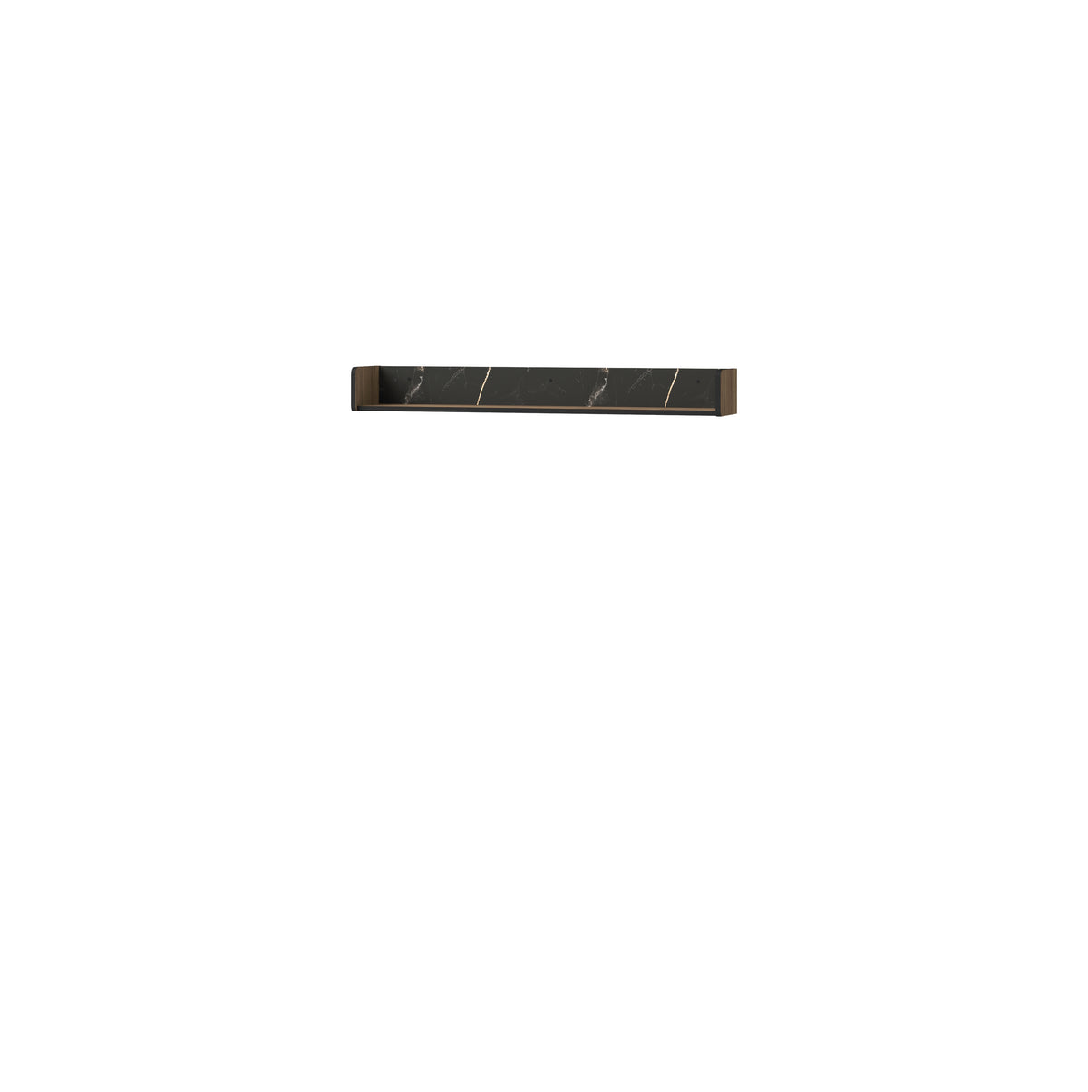 Long dark wood wall shelf with thin black underside panel