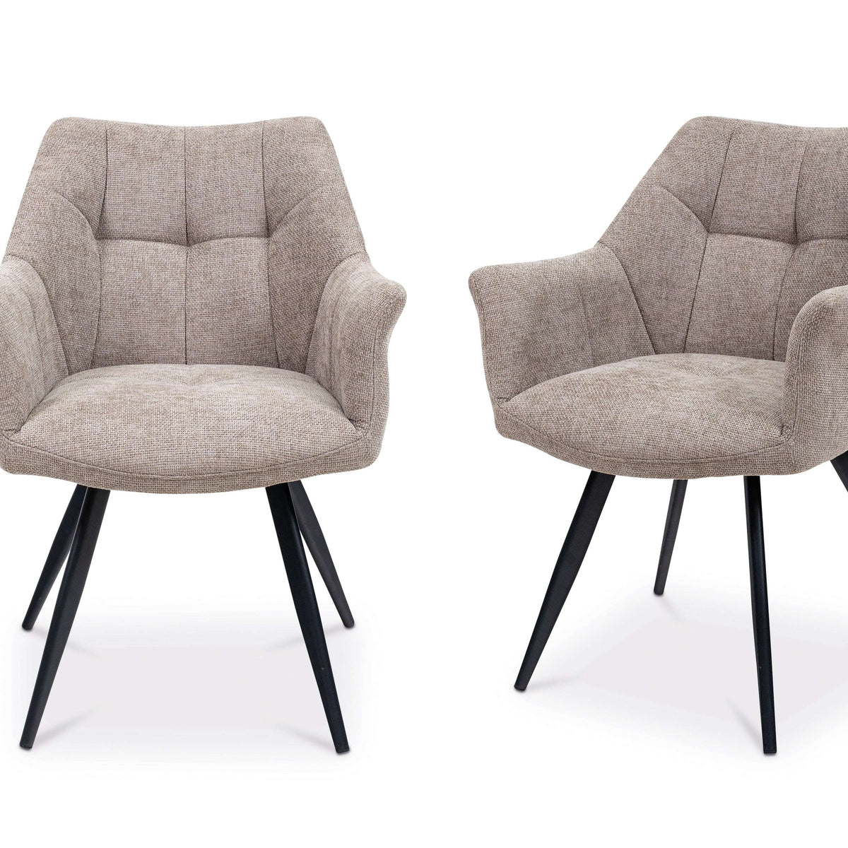 Pair of grey fabric dining chairs with tufted backrests and black angled legs
