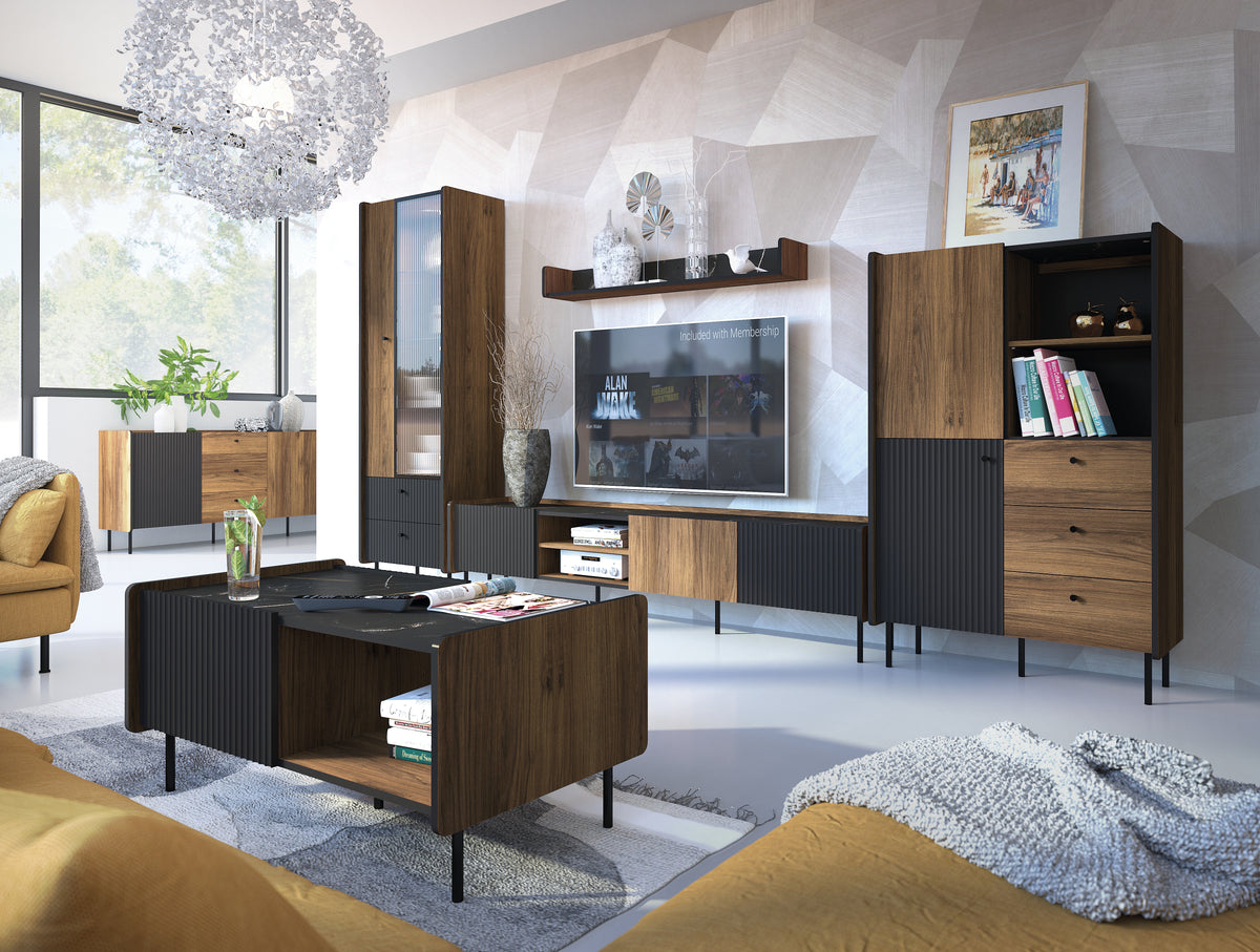Rectangular coffee table with dark veined tabletop, wood sides, and black metal legs.