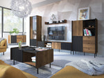 Long TV cabinet with open center shelf, wood panels, and black ribbed side doors