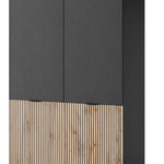 Two-door wardrobe cabinet with dark grey top and striped wooden lower panel
