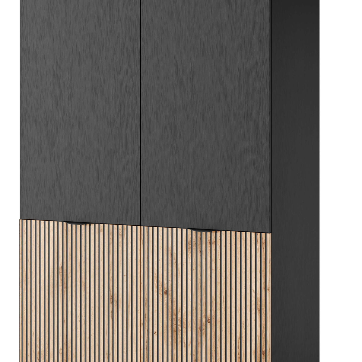 Two-door wardrobe cabinet with dark grey top and striped wooden lower panel