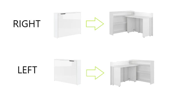 Convertible desk showing left and right configurations