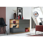 Modern sideboard with light wood panels, dark gray cabinet doors, and drawers