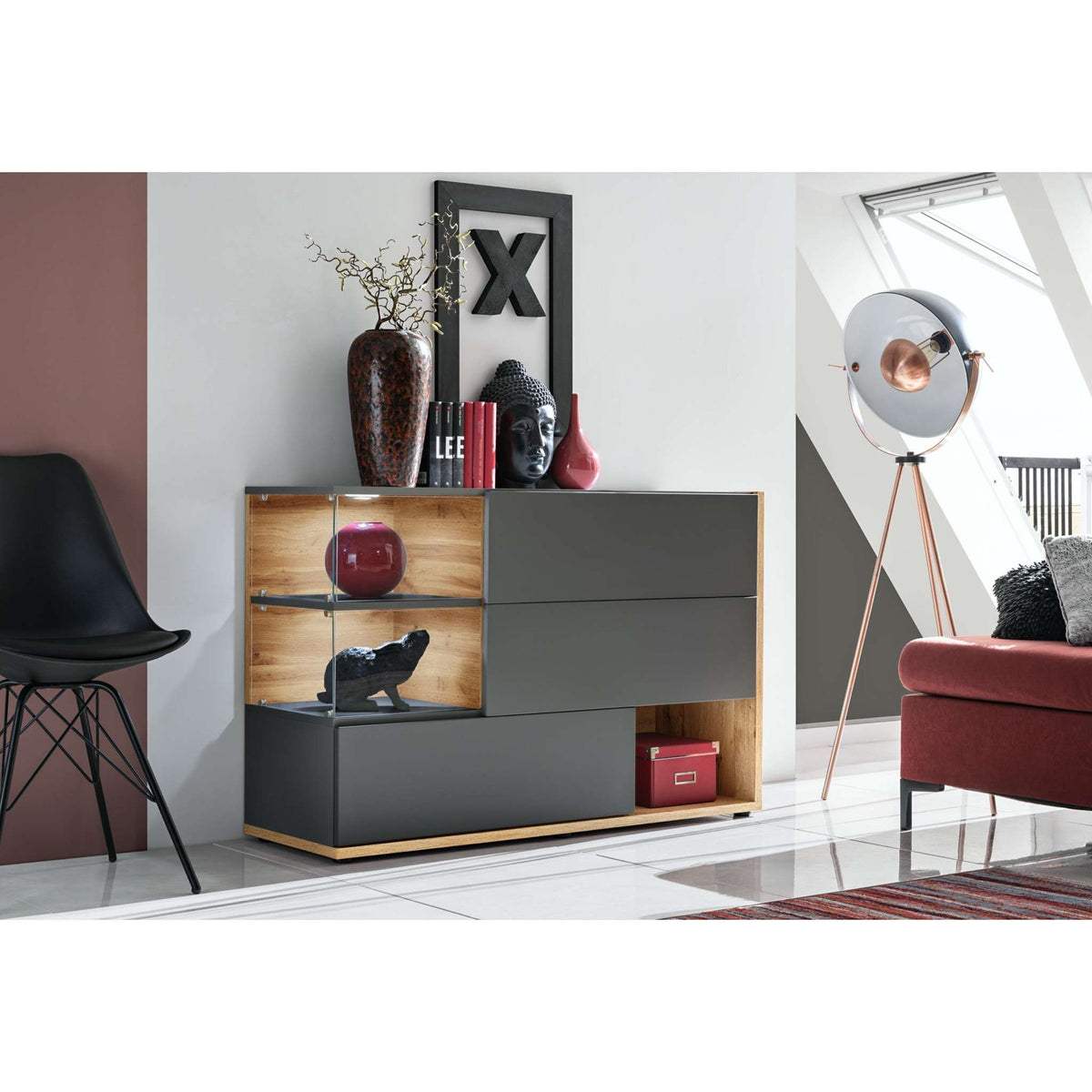 Modern sideboard with light wood panels, dark gray cabinet doors, and drawers