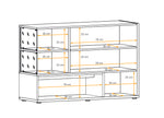 Sideboard front layout diagram with drawers and shelves, shown with dimensions