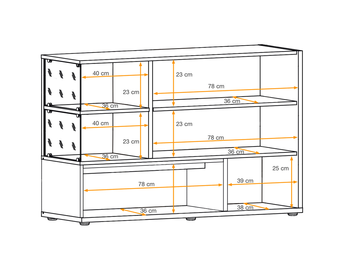 Sideboard front layout diagram with drawers and shelves, shown with dimensions