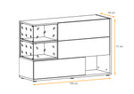 Sideboard side view diagram with cabinet compartments and drawers, shown with dimensions