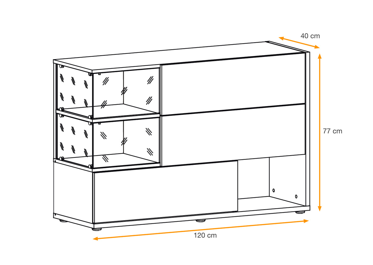 Sideboard side view diagram with cabinet compartments and drawers, shown with dimensions