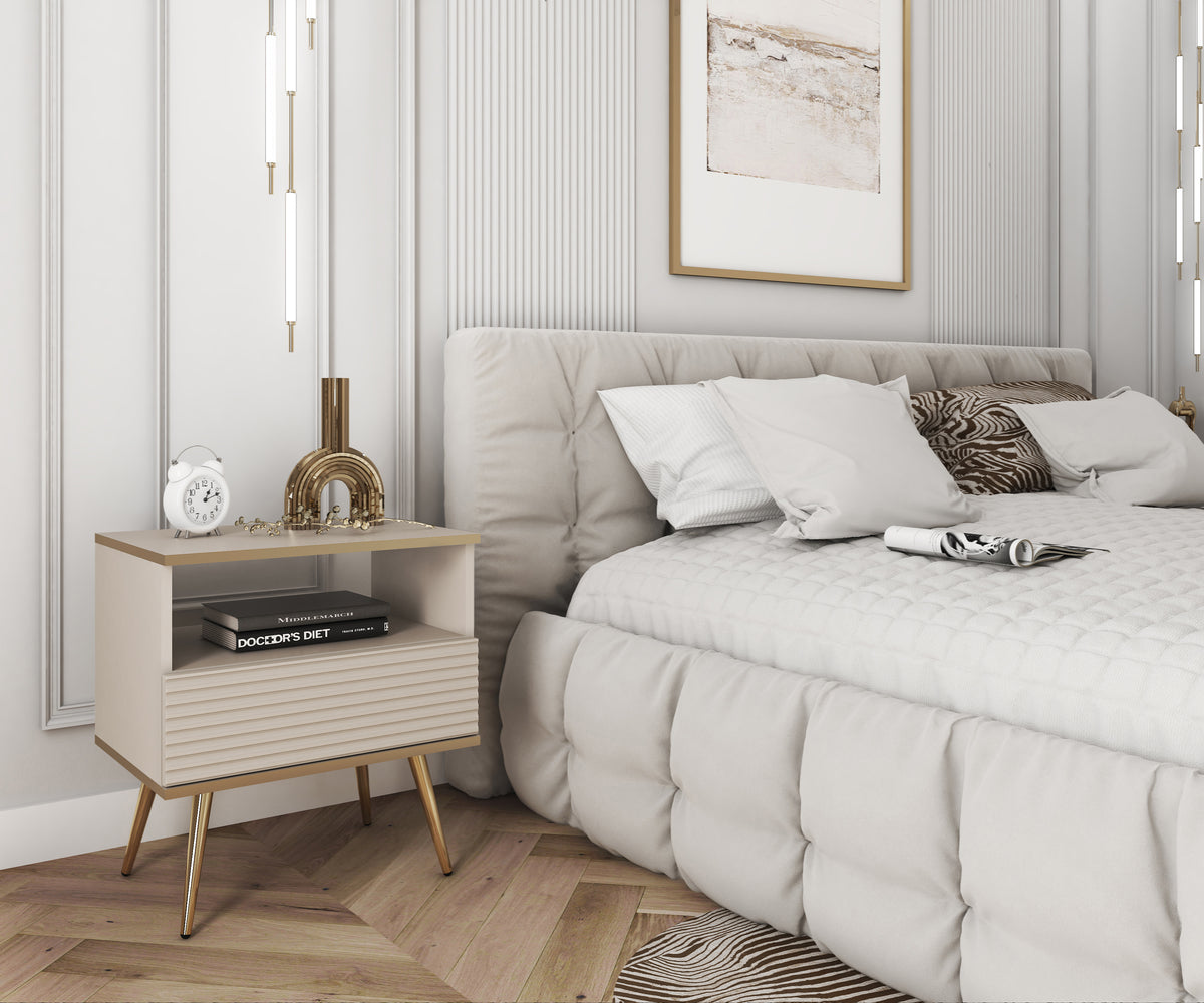Small bedside cabinet in cashmere with ribbed drawer and open shelf, tapered wooden legs