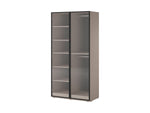 Wardrobe cabinet with open shelving and two clear glass-paneled doors