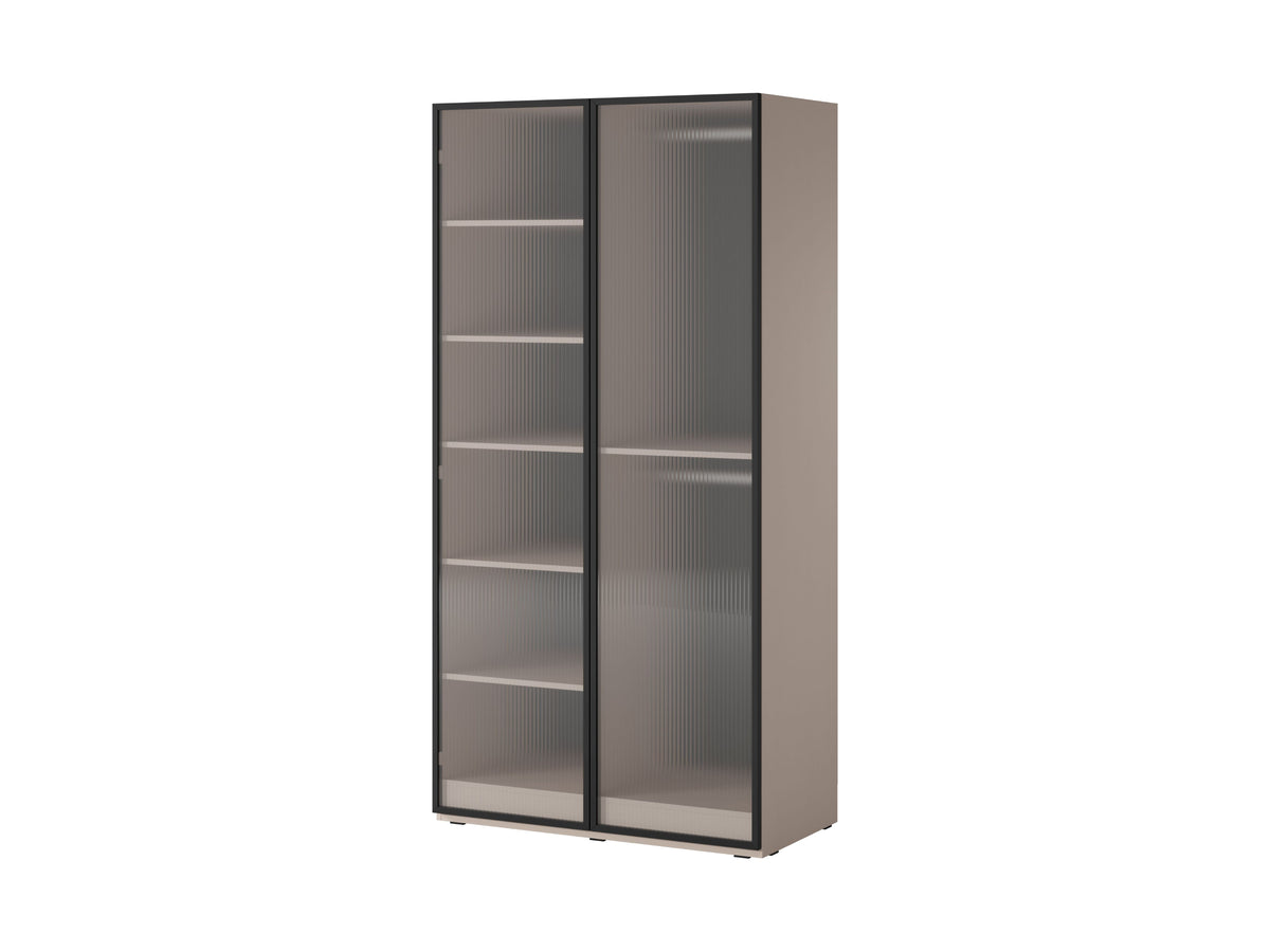 Wardrobe cabinet with open shelving and two clear glass-paneled doors
