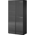 Wardrobe cabinet with open shelving and two dark glass-paneled doors