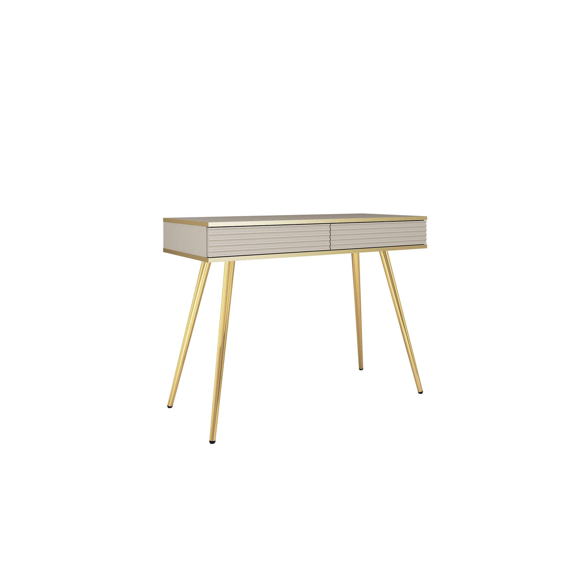 Ola Wave dressing table desk, cashmere ribbed panel front, slim gold legs