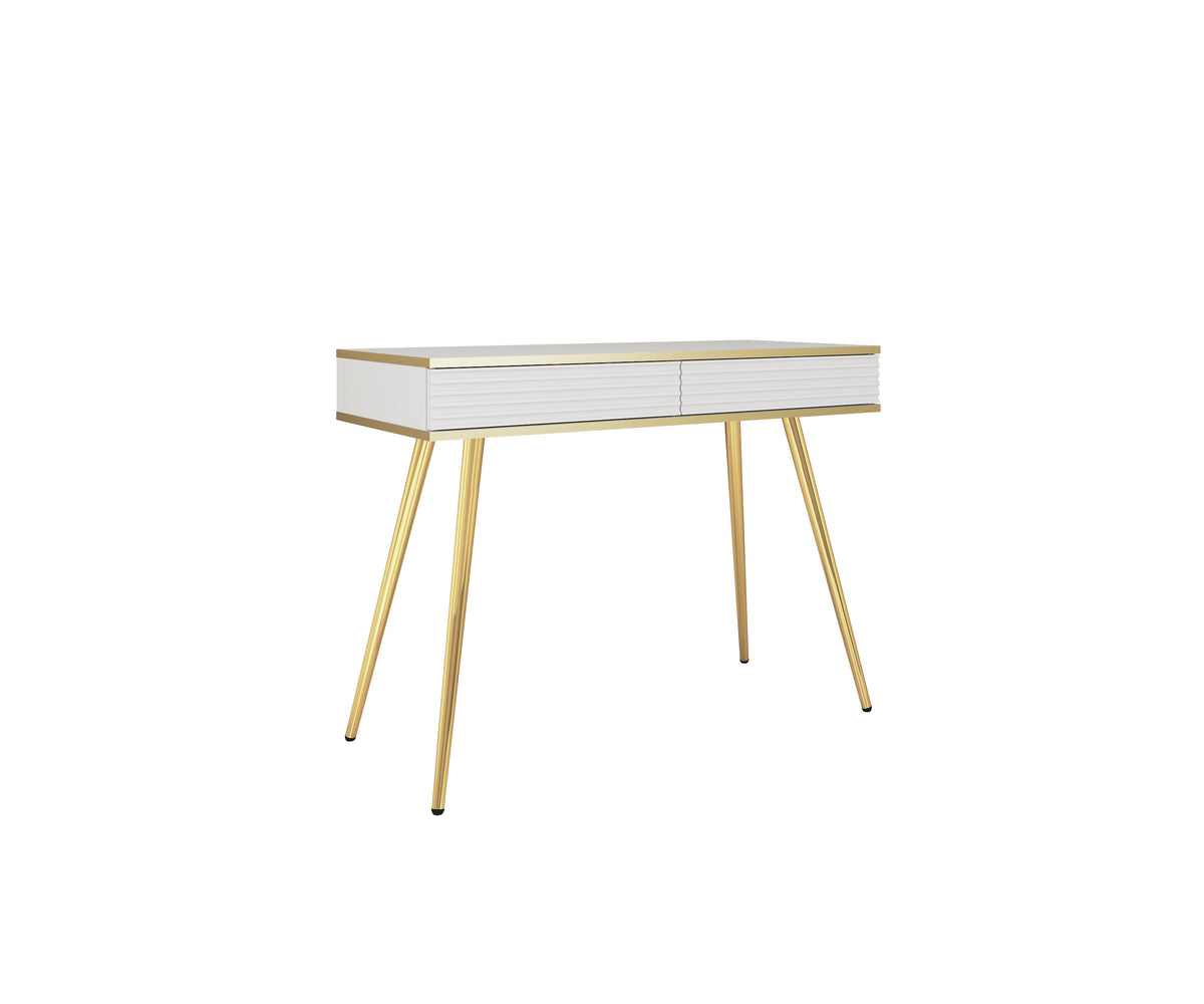 Ola Wave dressing table desk with light top and ribbed drawer front, gold legs