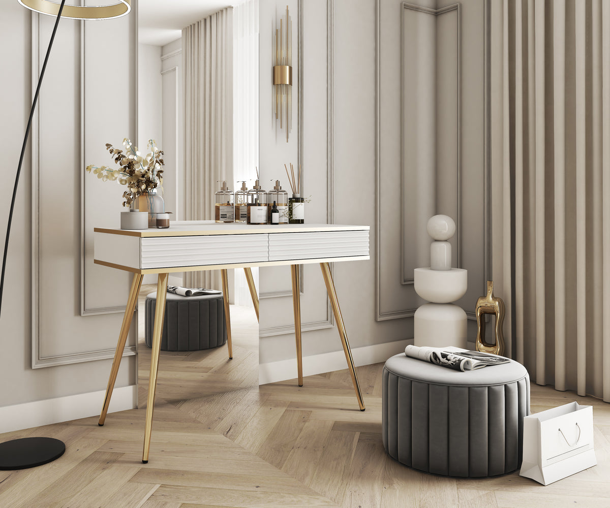 Ola Wave dressing table desk with white striped drawers, gold-toned legs