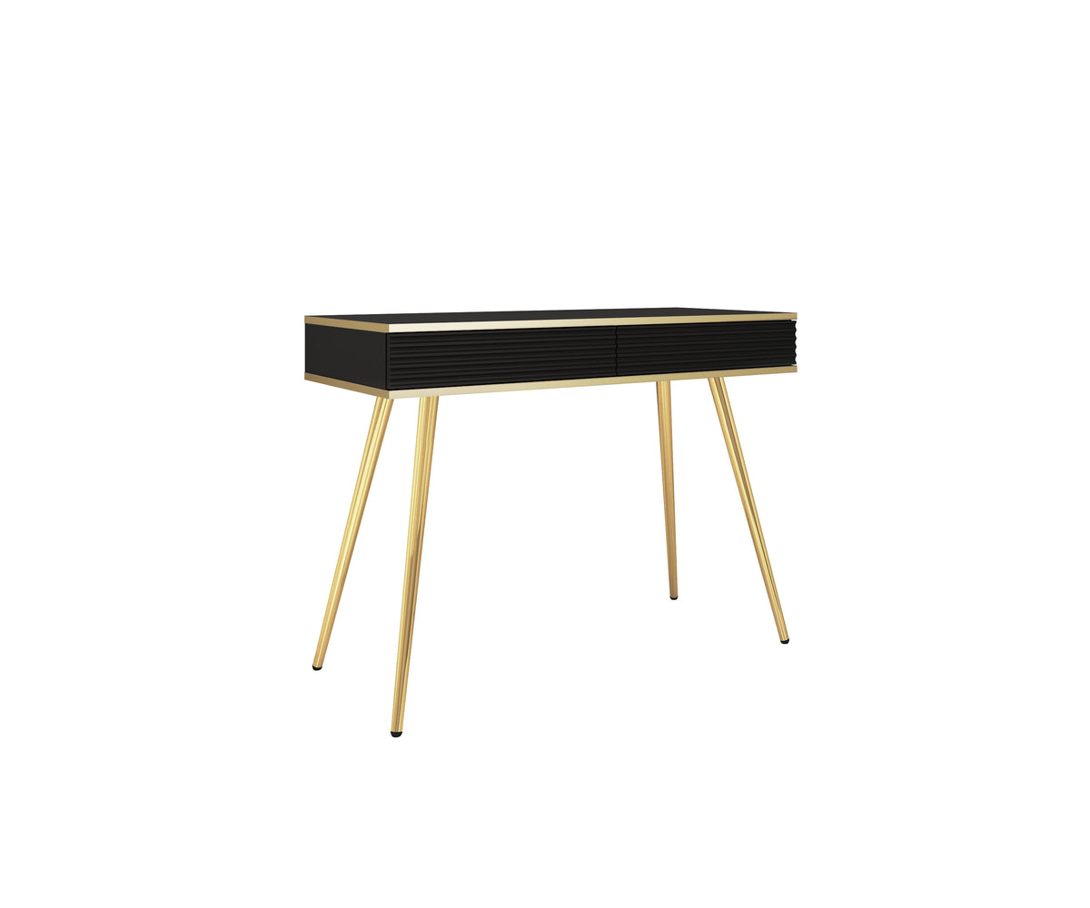 Ola Wave dressing table desk with black ribbed drawer front, gold legs