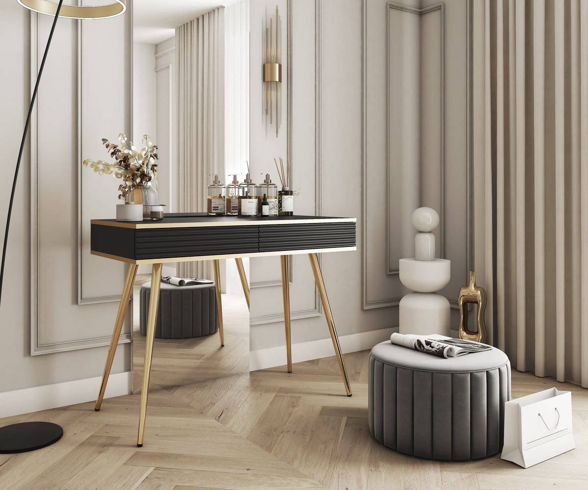 Ola Wave dressing table desk with striped black drawer front and gold-toned legs